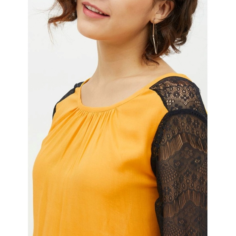 Women's Rayon Lace Inserts Long Sleeves Top (Yellow) - Image 2