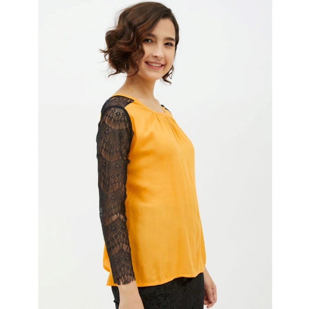 Women's Rayon Lace Inserts Long Sleeves Top (Yellow) - Image 4