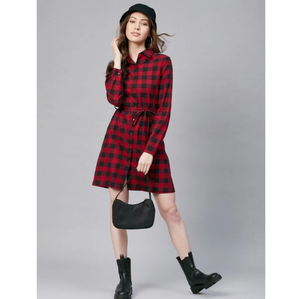Women's Cotton Checkered Long Sleeves Above Knee Dress (Red - Black) - Image 6