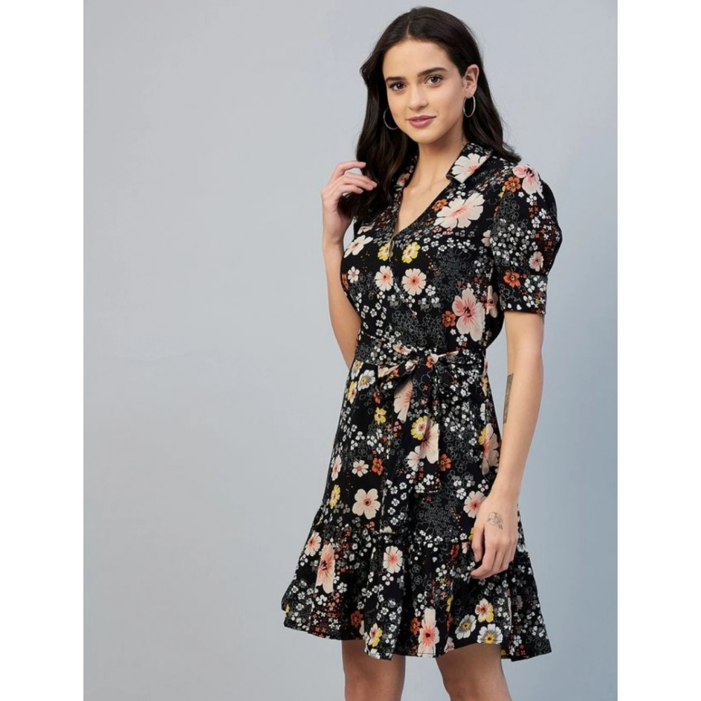 Women's Polyester Floral Short Sleeve Above Knee Dress (Black) - Image 4
