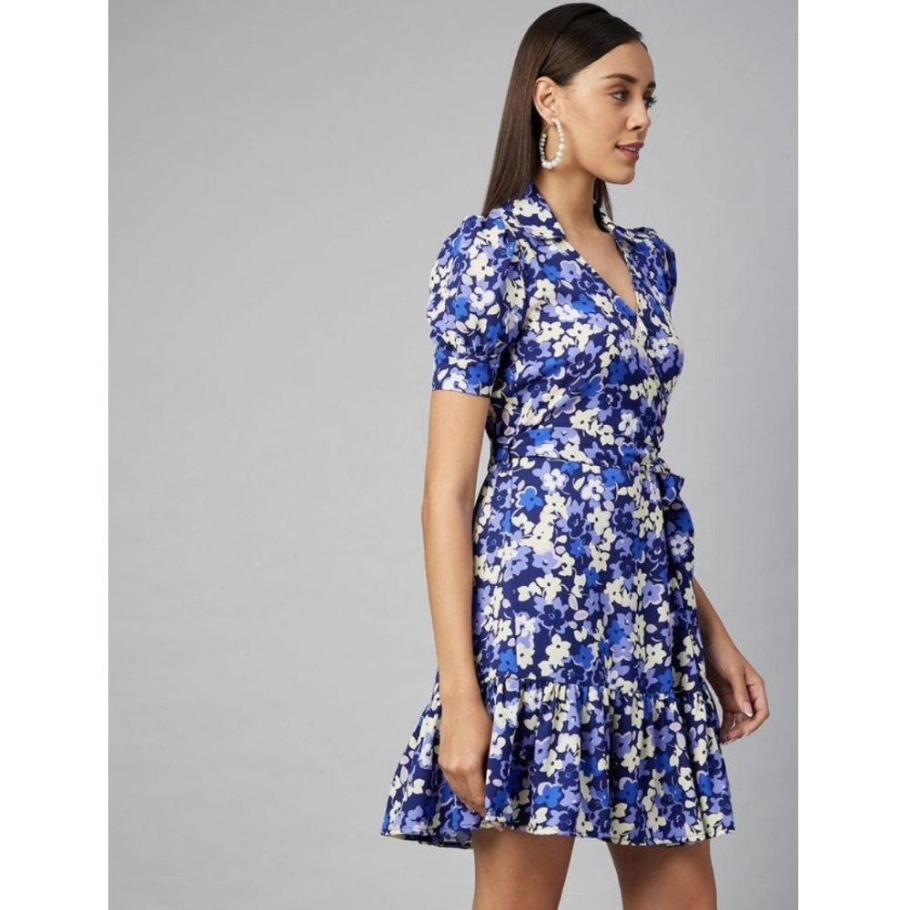 Women's Polyester Floral Short Sleeve Above Knee Dress (Blue - Purple) - Image 3