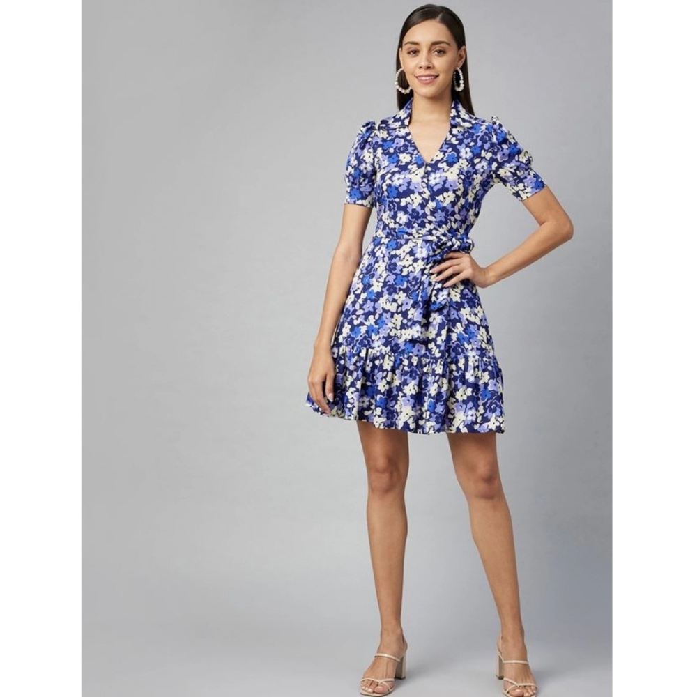 Women's Polyester Floral Short Sleeve Above Knee Dress (Blue - Purple) - Image 6