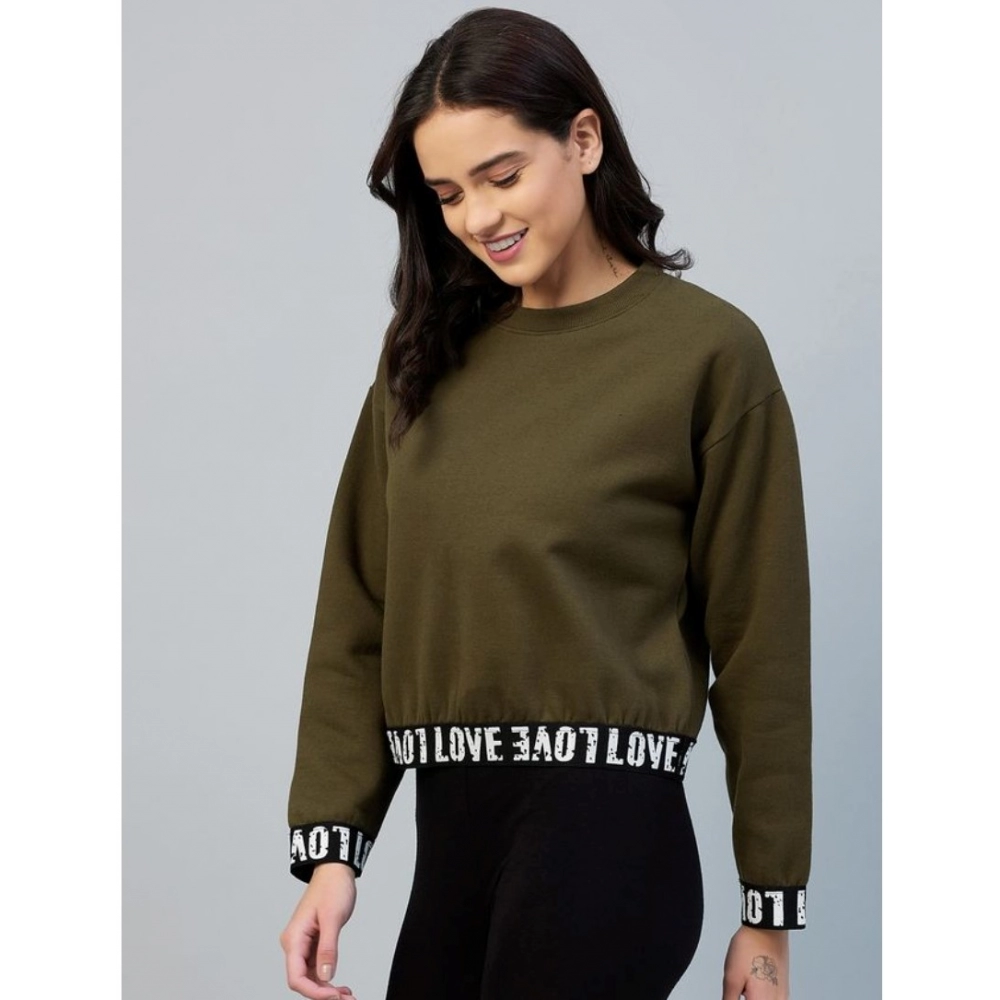 Women's Fleece Solid Long Sleeves Sweatshirt (Olive) - Image 4