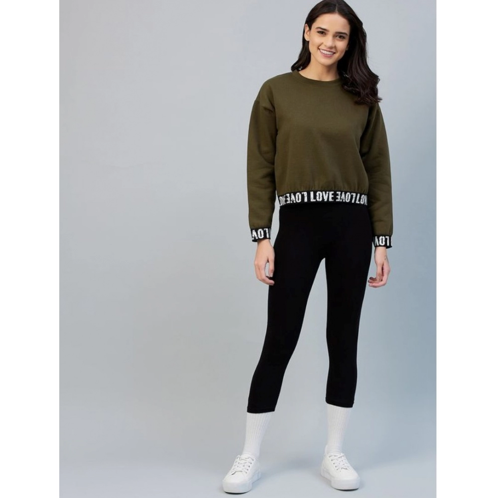 Women's Fleece Solid Long Sleeves Sweatshirt (Olive) - Image 7