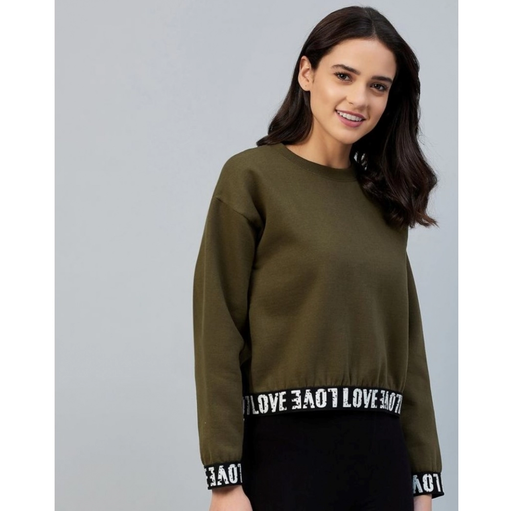 Women's Fleece Solid Long Sleeves Sweatshirt (Olive) - Image 3