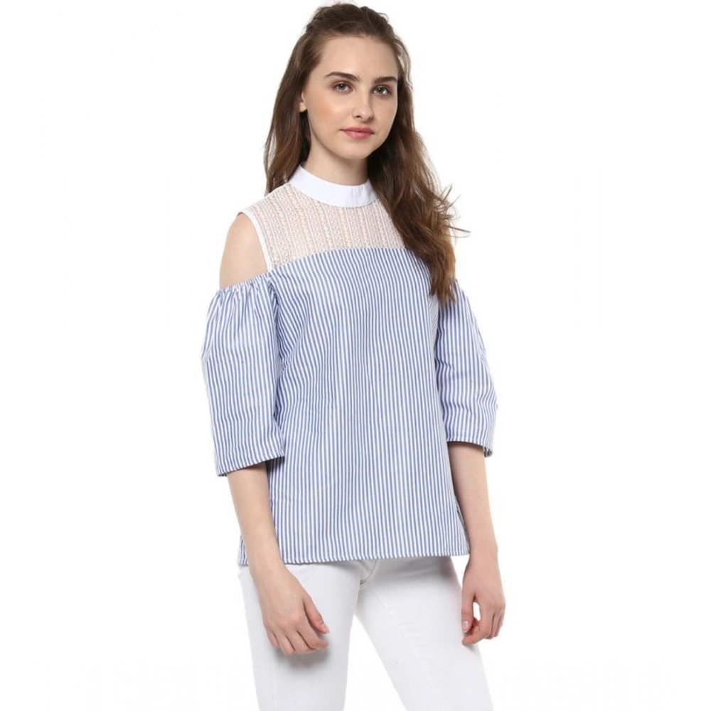 Women's Cotton Striped Cold Shoulder Top (Blue) - Image 4
