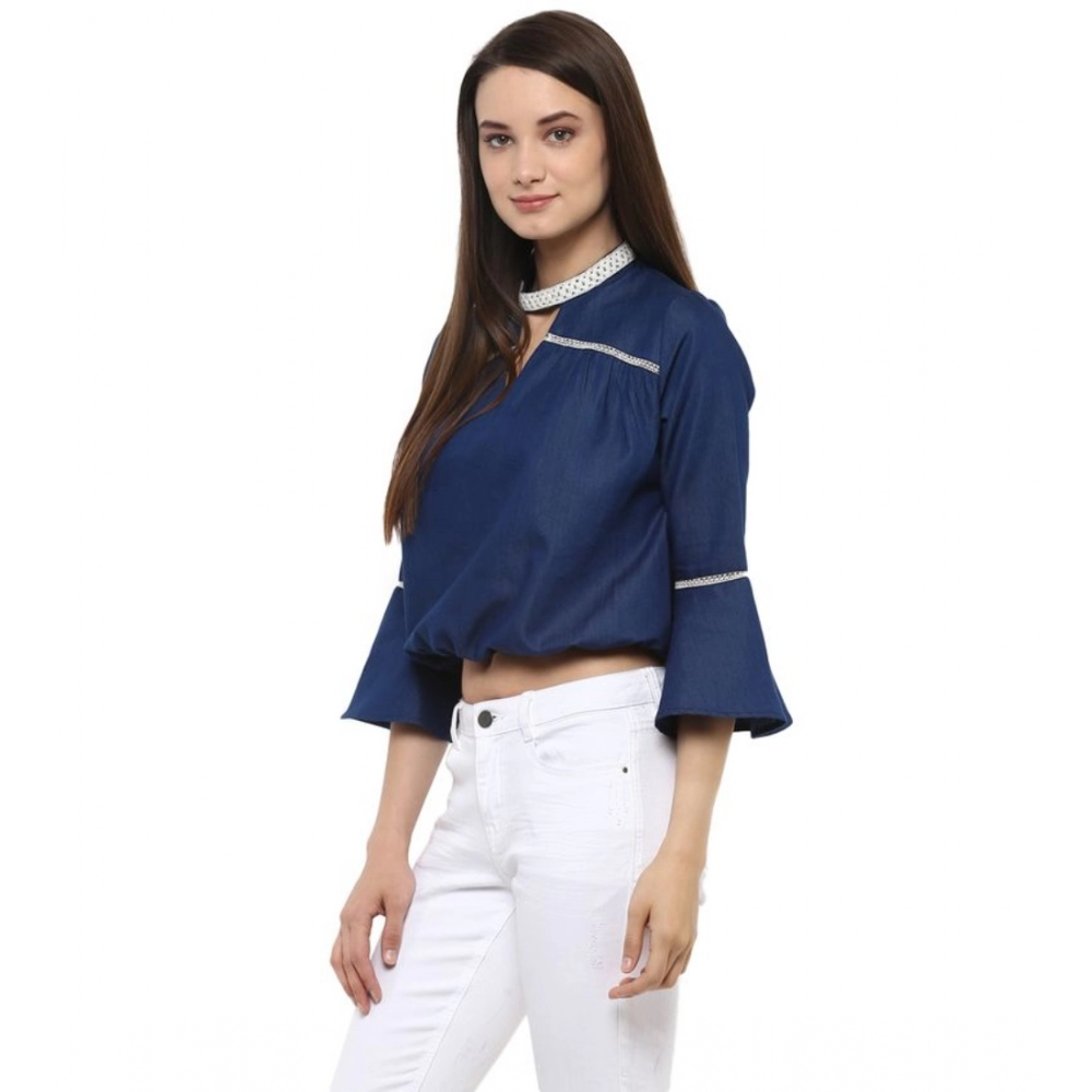 Women's Polyester Solid Bell Sleeve Regular Top (Blue) - Image 3
