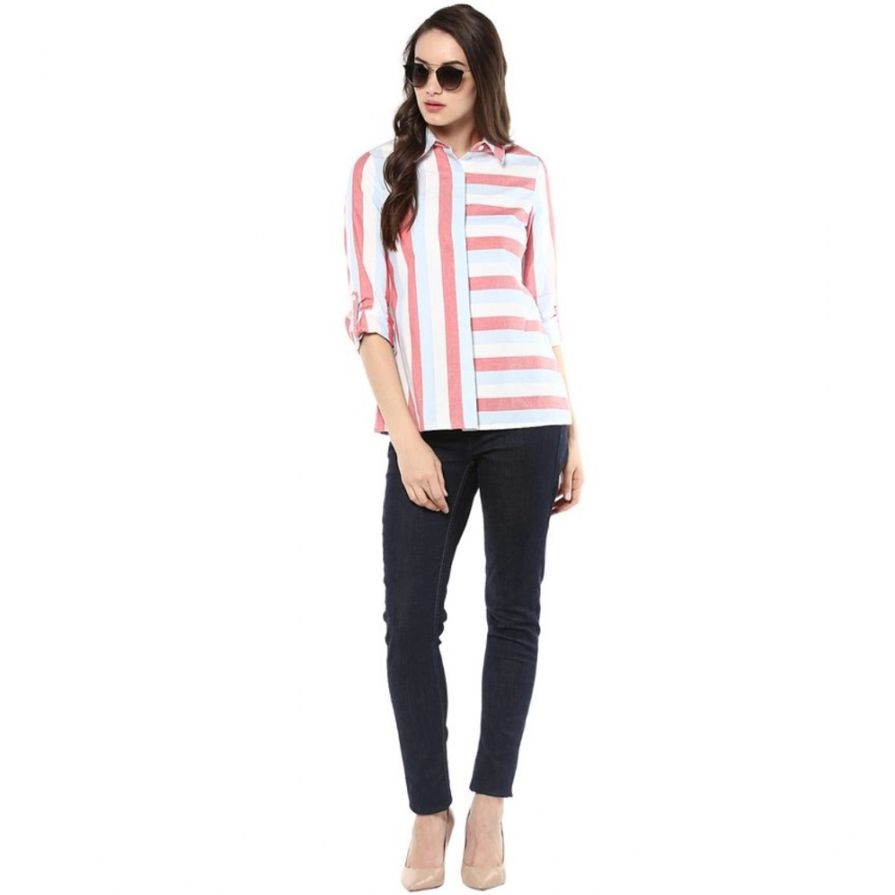 Women's Cotton Striped Roll Up Sleeve Regular Top (Red) - Image 5