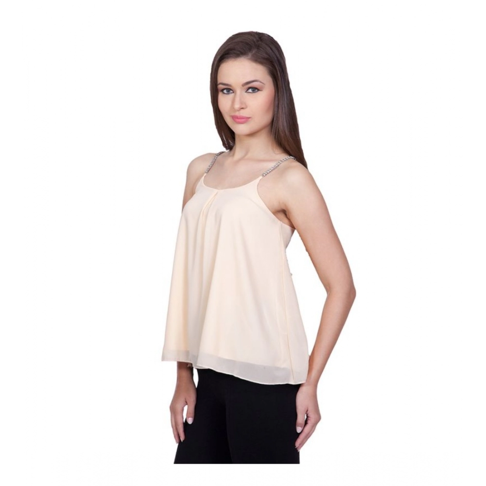 Women's Polyester Solid Shoulder Straps Regular Top (Beige) - Image 3