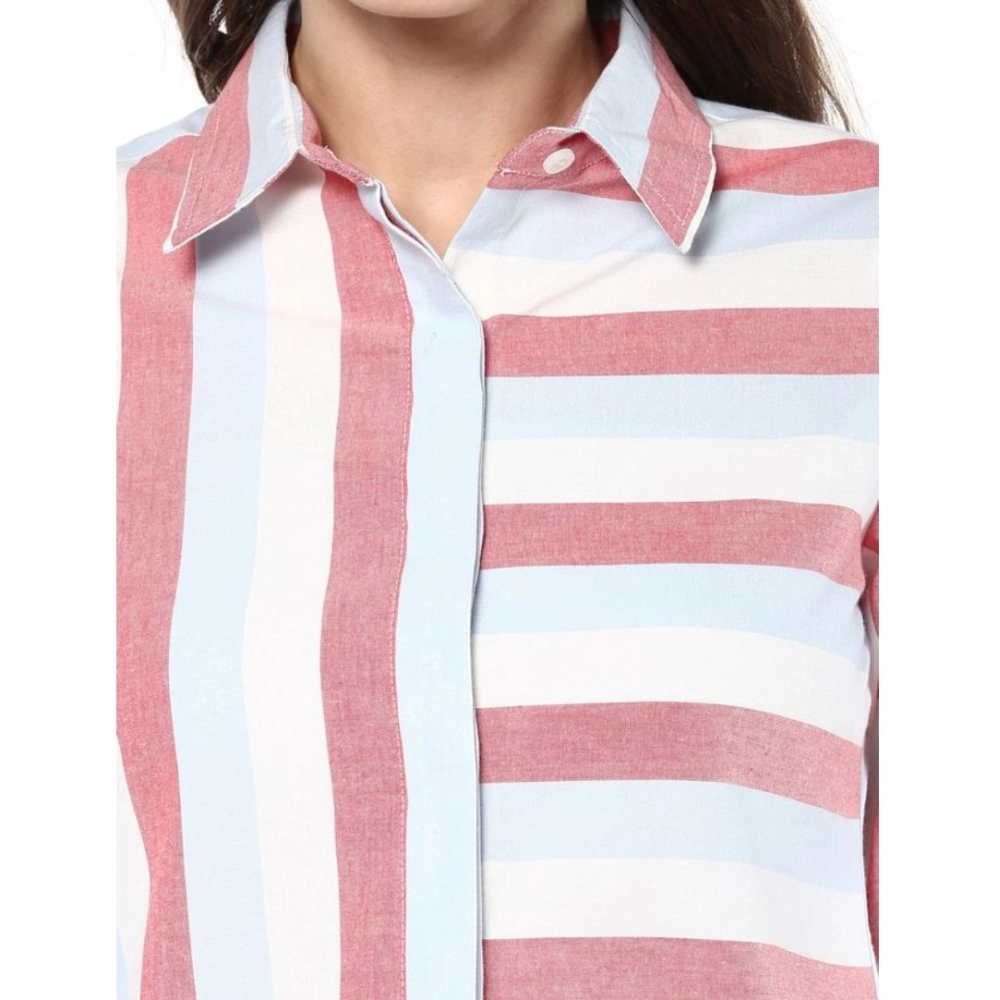 Women's Cotton Striped Roll Up Sleeve Regular Top (Red) - Image 2