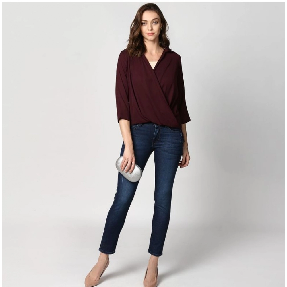 Women's Polyester Solid 3-4th Sleeves Top (Maroon) - Image 6