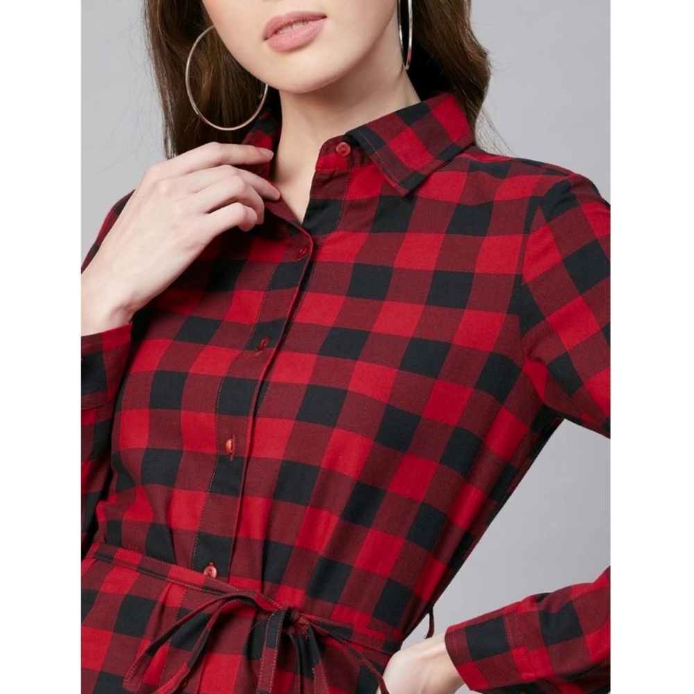 Women's Cotton Checkered Long Sleeves Above Knee Dress (Red - Black) - Image 2