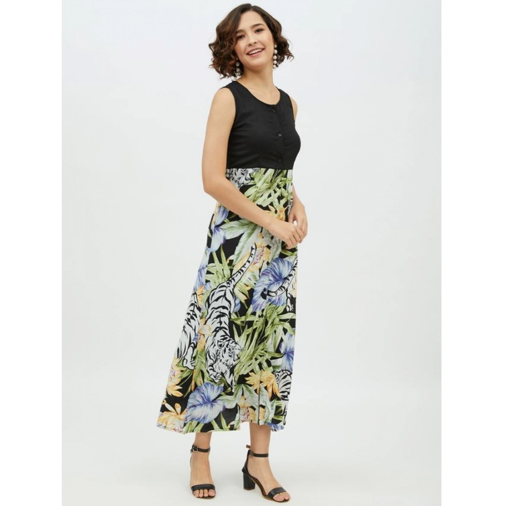 Women's Rayon Floral Sleeveless Calf-length Dress (Multicolor) - Image 4