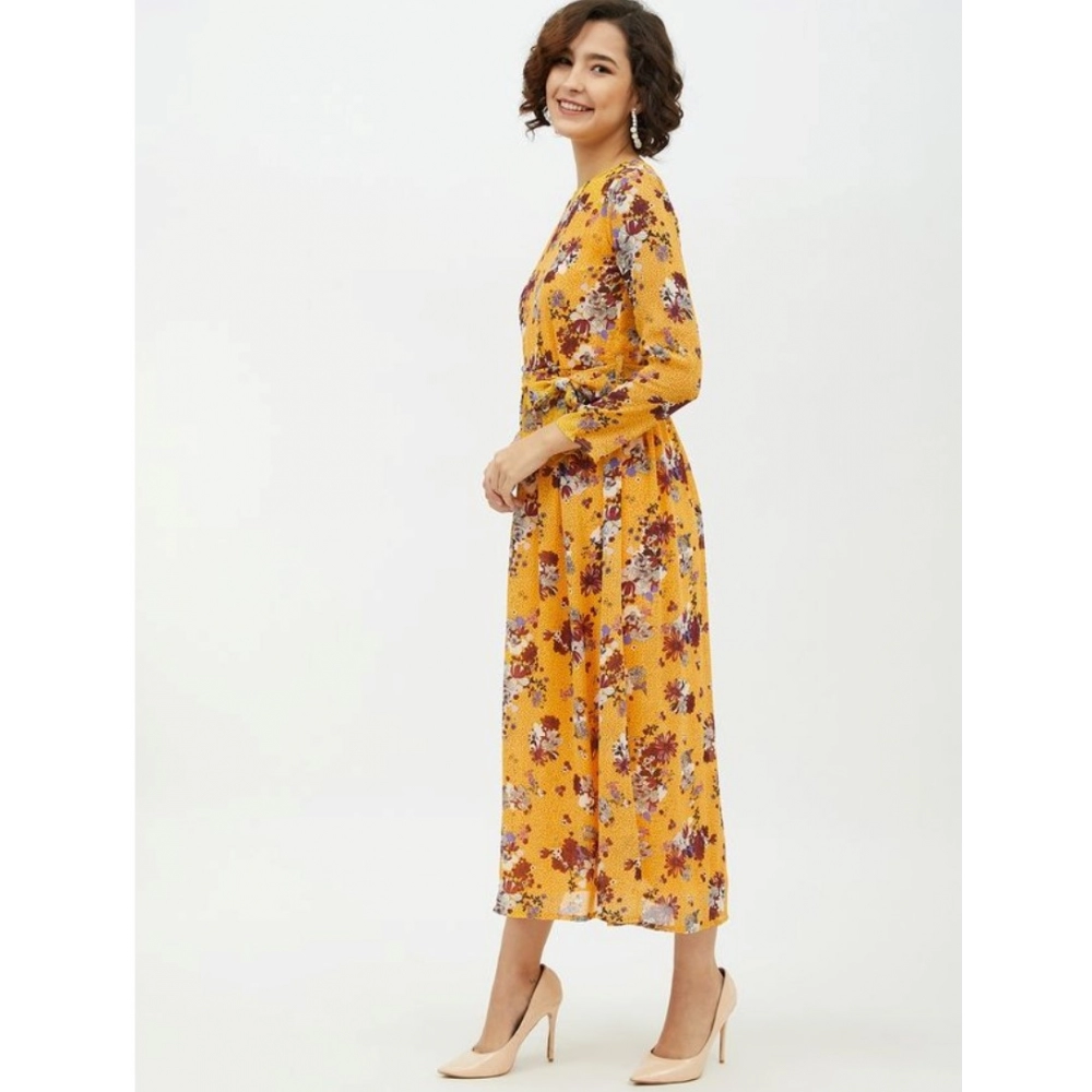 Women's Polyester Floral Long Sleeves Calf-length Dress (Multicolor) - Image 3