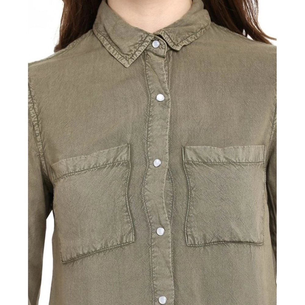 Women's Rayon Solid Long Sleeves Standard Length Shirt (Olive Green) - Image 2