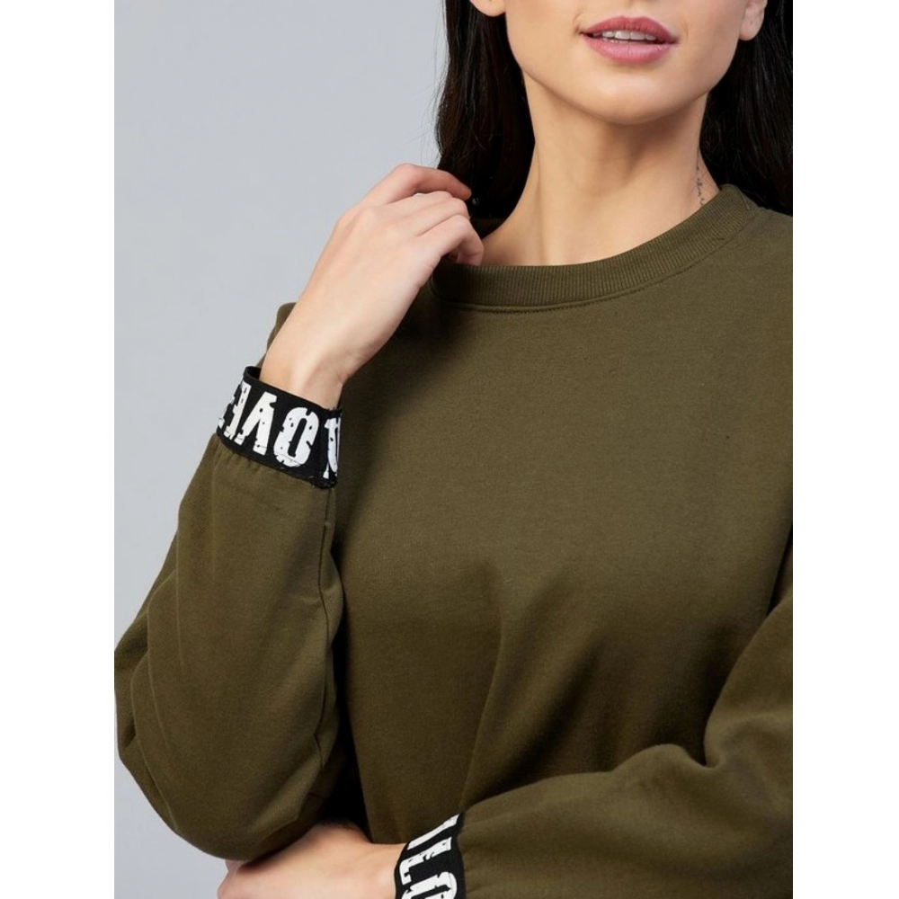 Women's Fleece Solid Long Sleeves Sweatshirt (Olive) - Image 2