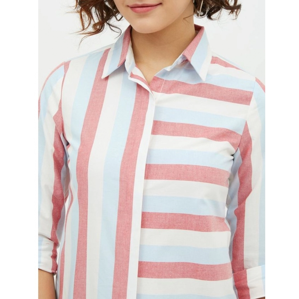Women's Cotton Striped Long Sleeves Standard Length Shirt (Pink) - Image 2