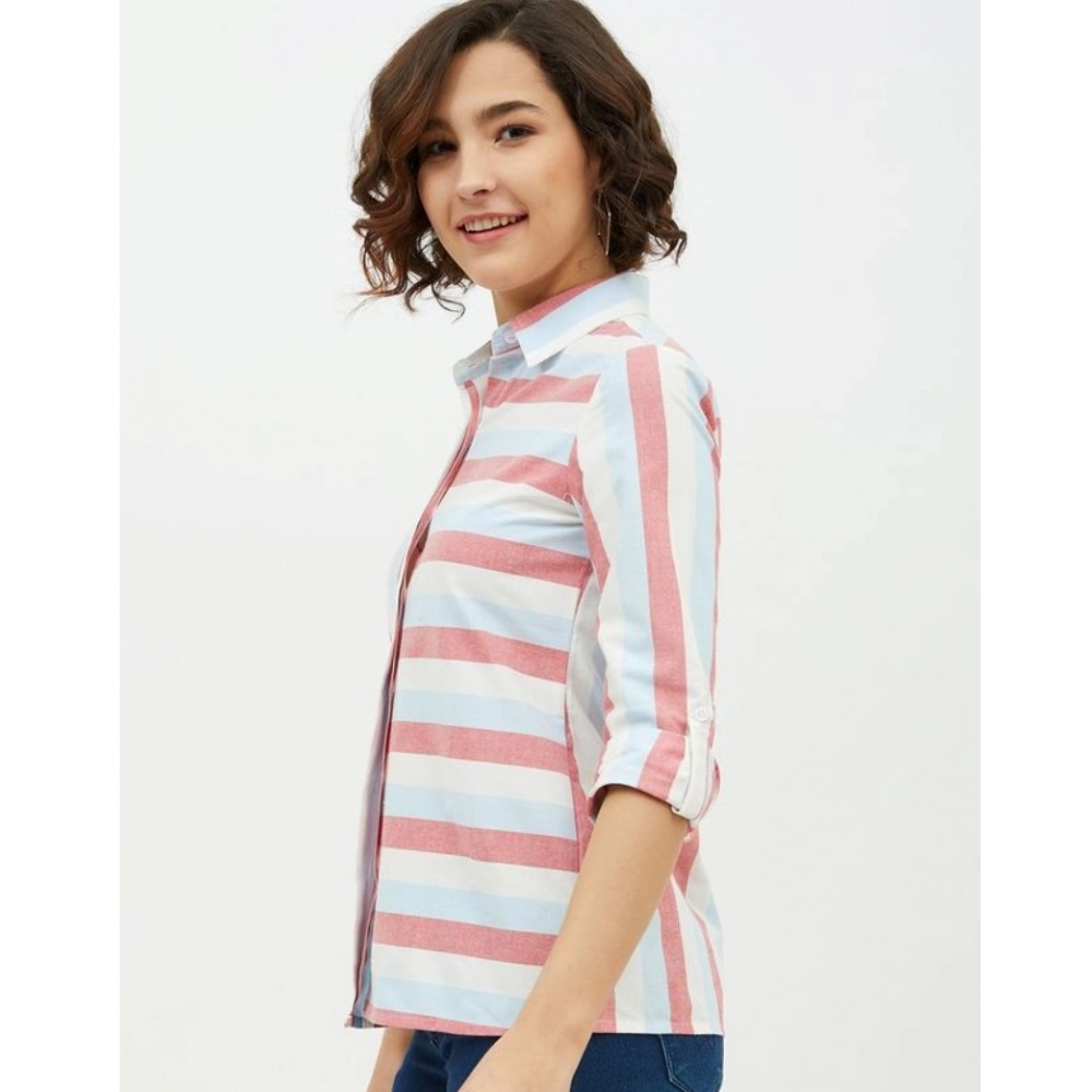 Women's Cotton Striped Long Sleeves Standard Length Shirt (Pink) - Image 3