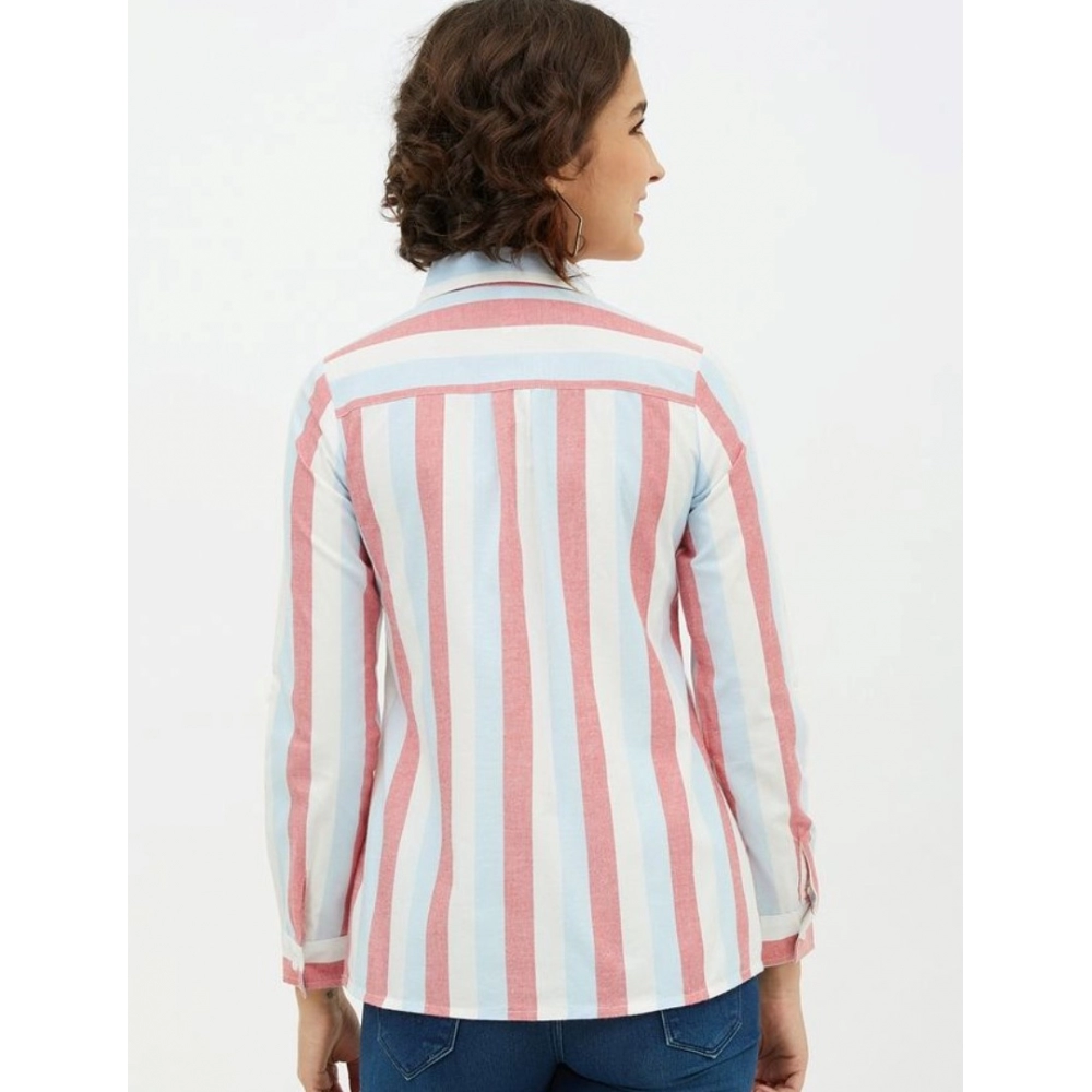 Women's Cotton Striped Long Sleeves Standard Length Shirt (Pink) - Image 7