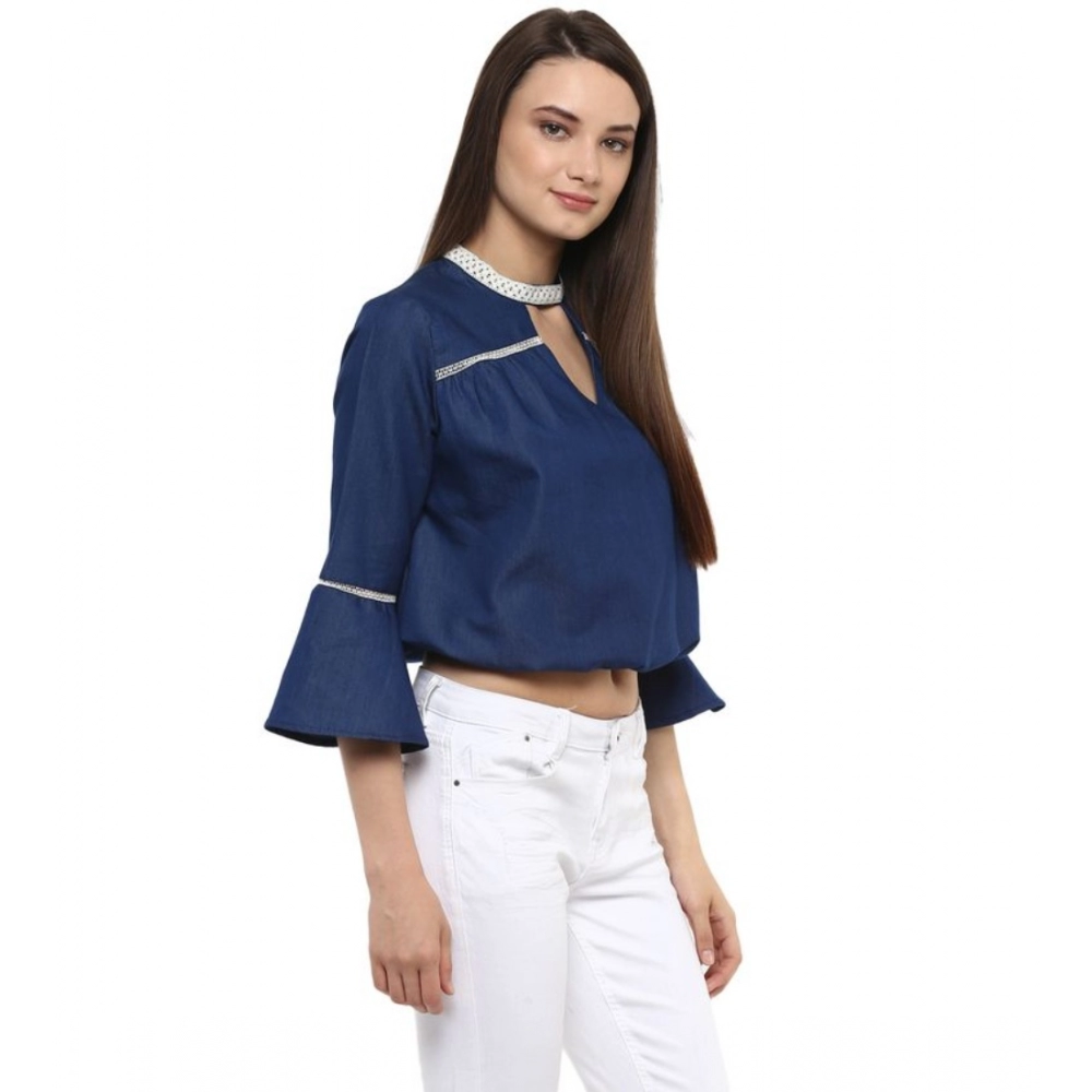Women's Polyester Solid Bell Sleeve Regular Top (Blue) - Image 5