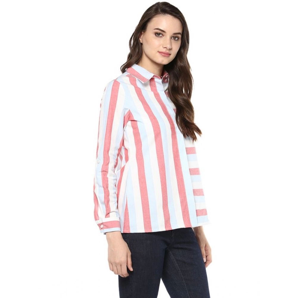 Women's Cotton Striped Roll Up Sleeve Regular Top (Red) - Image 3