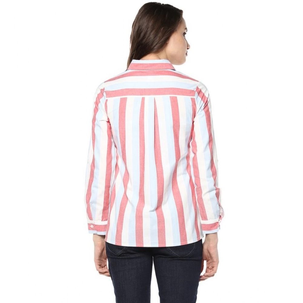 Women's Cotton Striped Roll Up Sleeve Regular Top (Red) - Image 6
