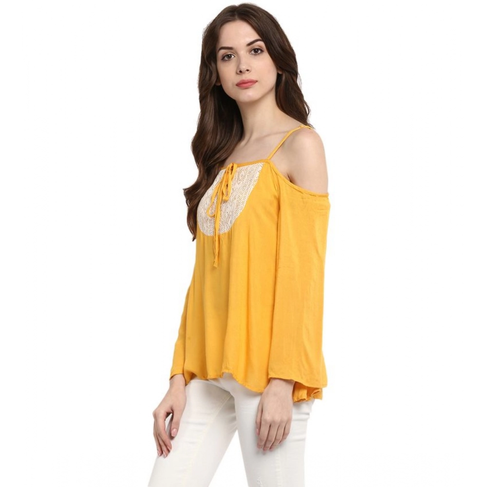 Women's Rayon Embellished Cold Shoulder Regular Top (Mustard Yellow) - Image 3