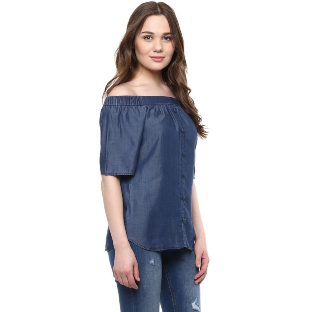 Women's Denim Solid Short Sleeve Regular Top (Blue) - Image 3