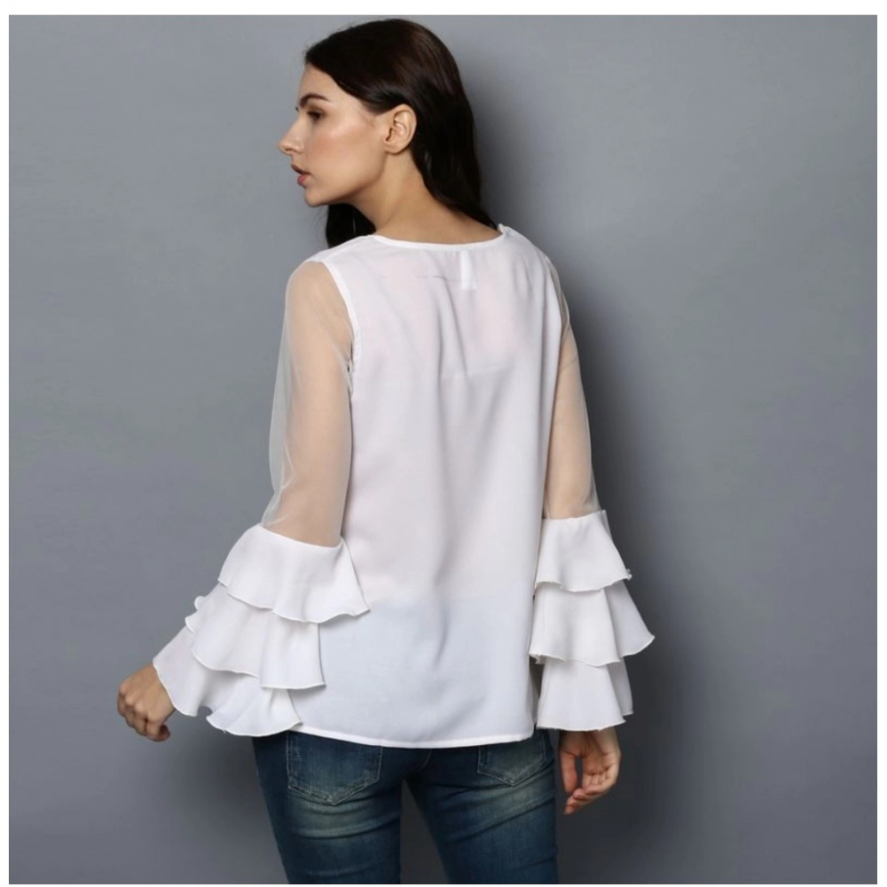 Women's Polyester Solid Tier Sleeve Top (White) - Image 7