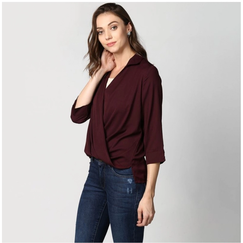 Women's Polyester Solid 3-4th Sleeves Top (Maroon) - Image 3