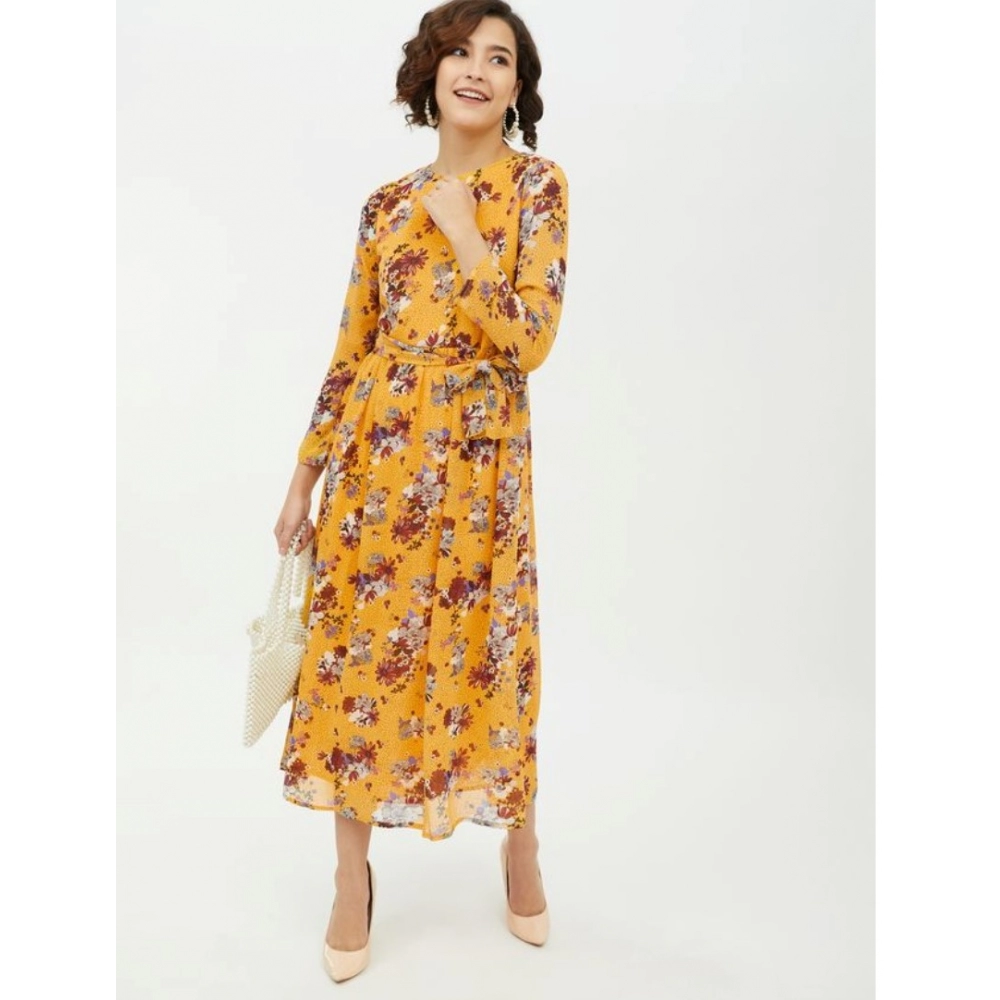 Women's Polyester Floral Long Sleeves Calf-length Dress (Multicolor) - Image 6