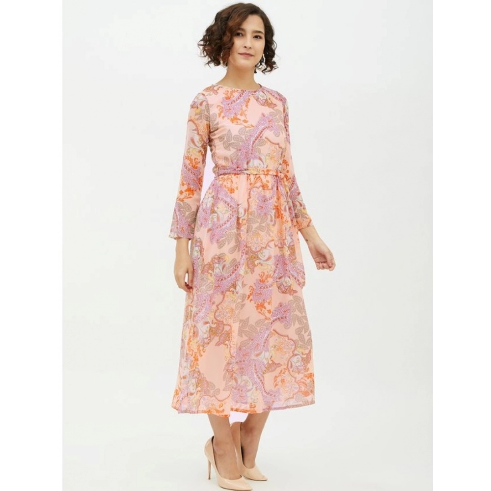 Women's Polyester Printed Long Sleeves Calf-length Dress (Multicolor) - Image 4