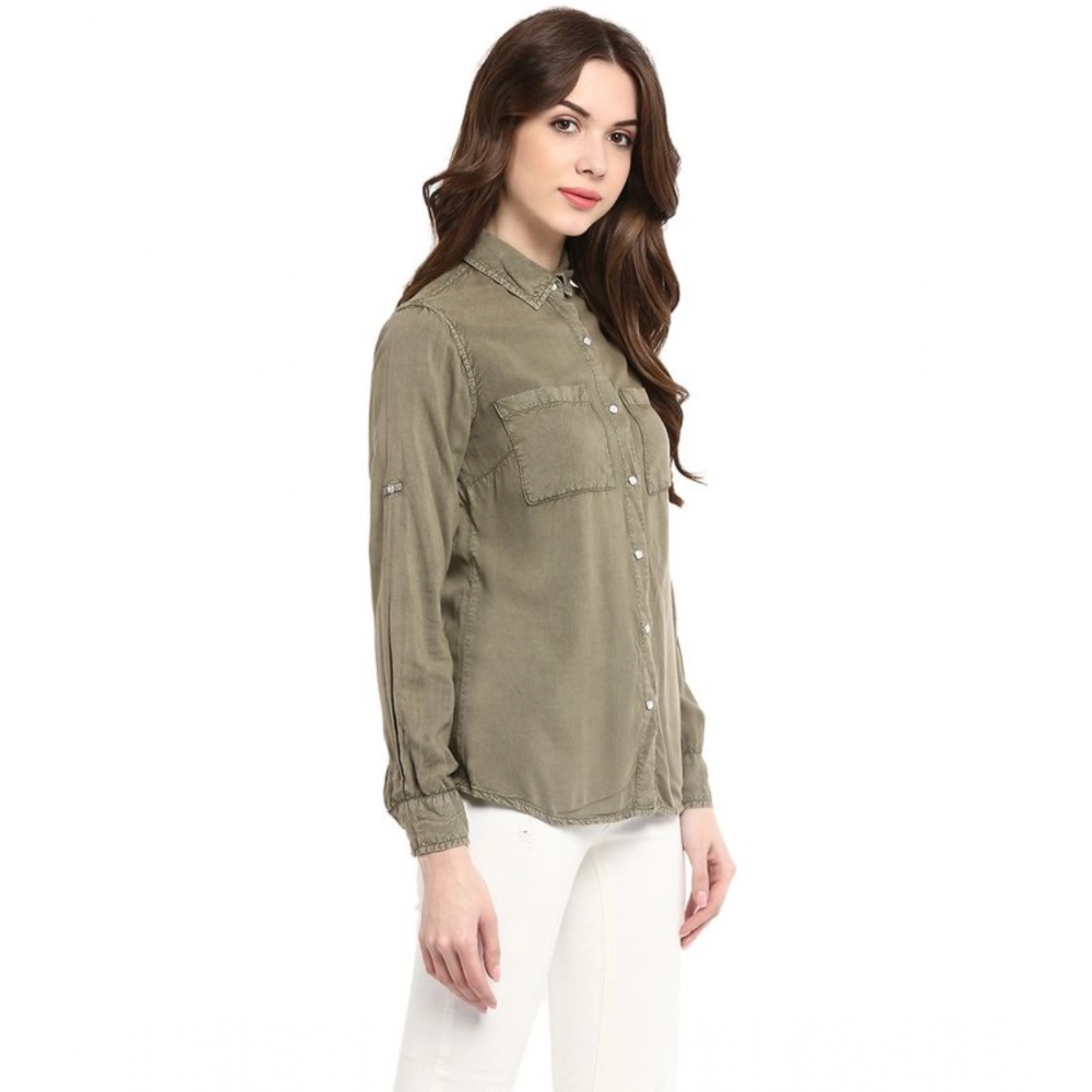 Women's Rayon Solid Long Sleeves Standard Length Shirt (Olive Green) - Image 4