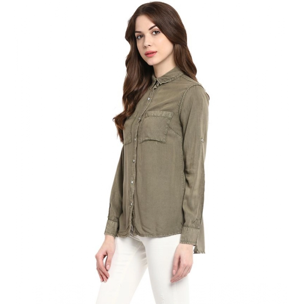 Women's Rayon Solid Long Sleeves Standard Length Shirt (Olive Green) - Image 3