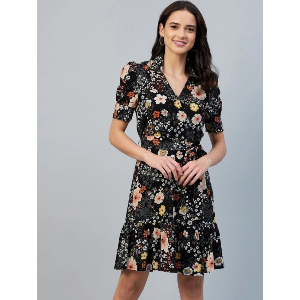 Women's Polyester Floral Short Sleeve Above Knee Dress (Black) - Image 7