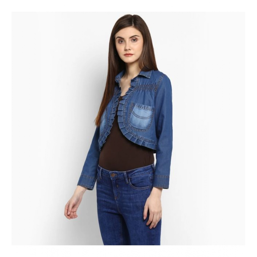 Women's Denim Pleated 3-4th Sleeves Shrug (Blue) - Image 3