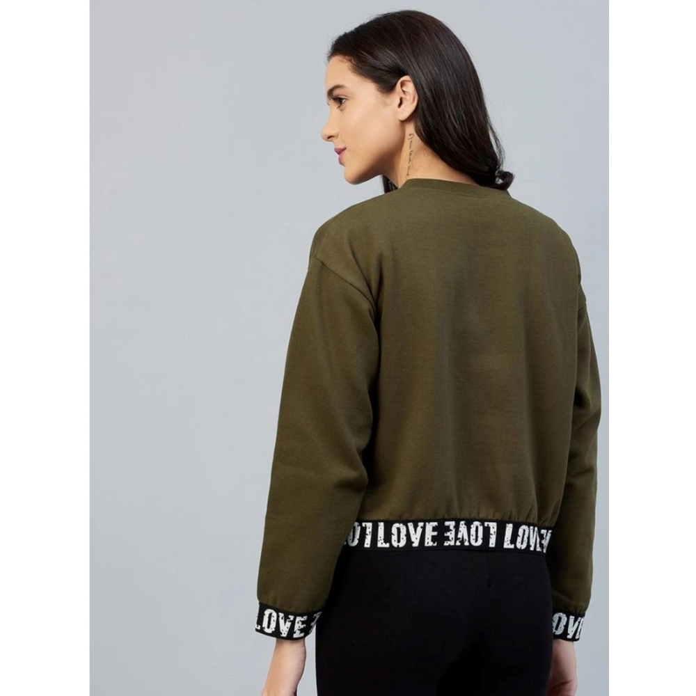 Women's Fleece Solid Long Sleeves Sweatshirt (Olive) - Image 6