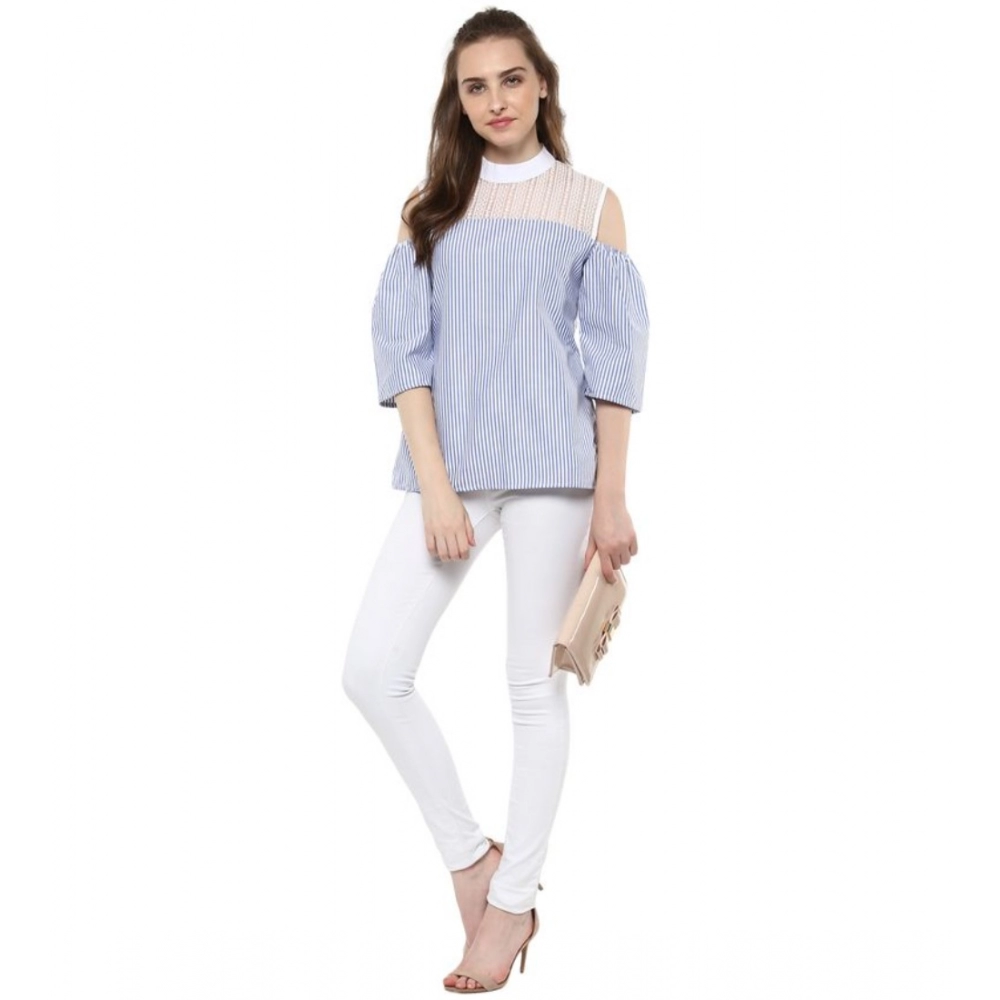 Women's Cotton Striped Cold Shoulder Top (Blue) - Image 6