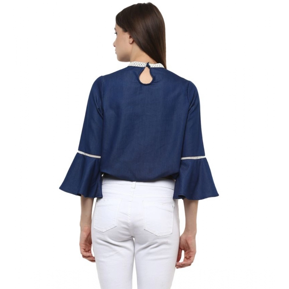 Women's Polyester Solid Bell Sleeve Regular Top (Blue) - Image 6