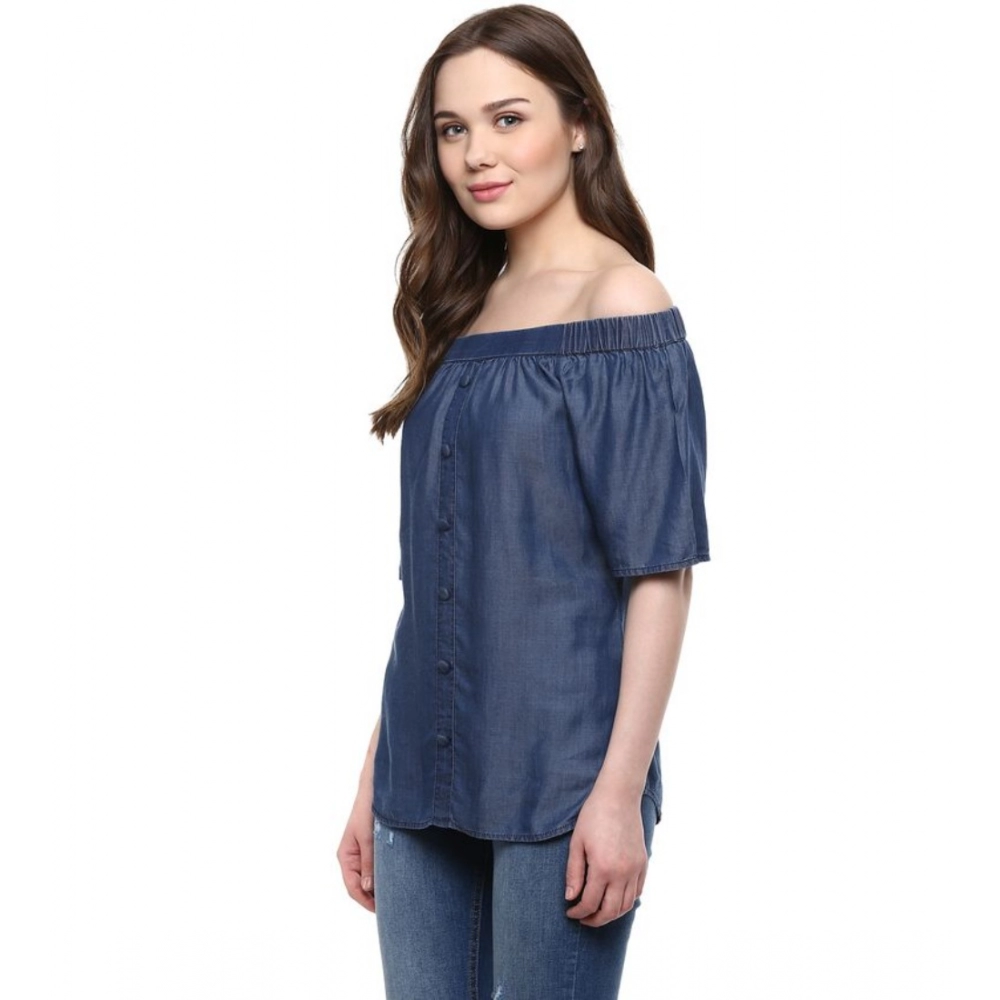 Women's Denim Solid Short Sleeve Regular Top (Blue) - Image 2