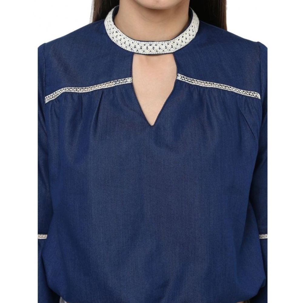 Women's Polyester Solid Bell Sleeve Regular Top (Blue) - Image 2
