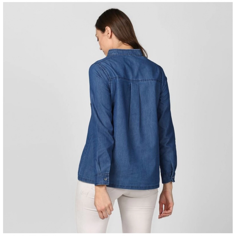 Women's Denim Solid Long Sleeves Top (Blue) - Image 6