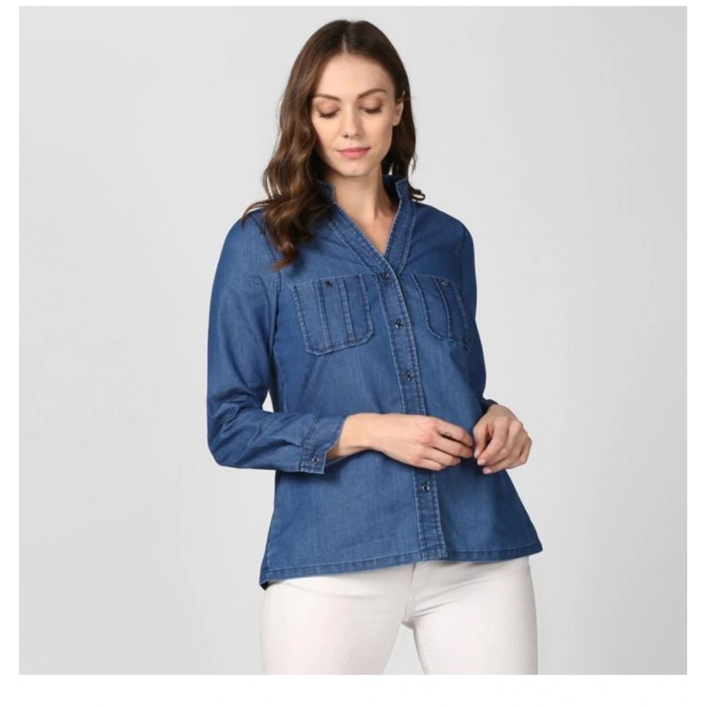 Women's Denim Solid Long Sleeves Top (Blue) - Image 7