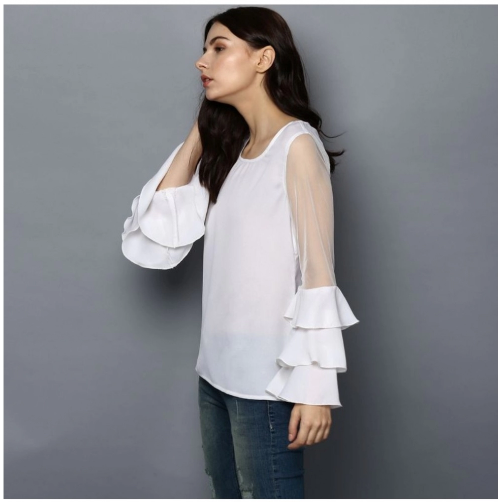 Women's Polyester Solid Tier Sleeve Top (White) - Image 3