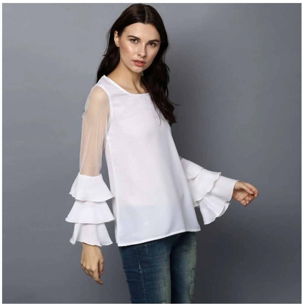 Women's Polyester Solid Tier Sleeve Top (White) - Image 4