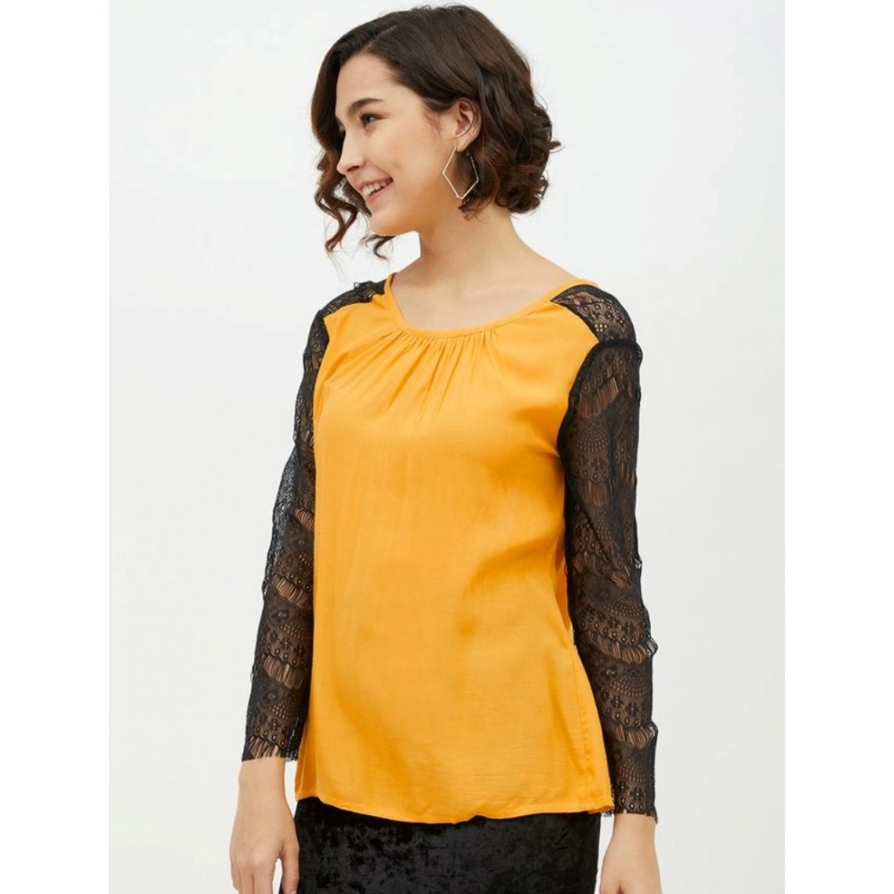 Women's Rayon Lace Inserts Long Sleeves Top (Yellow) - Image 3