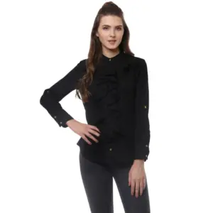 Women's Polyester Ruffled Long Sleeves Top (Black)
