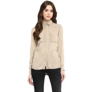 Women's Rayon Solid Long Sleeves Standard Length Shirt (Beige)