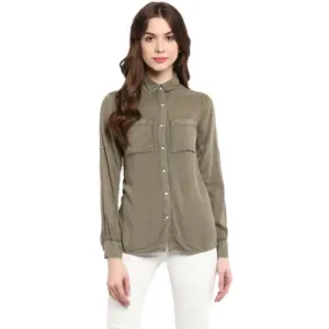 Women's Rayon Solid Long Sleeves Standard Length Shirt (Olive Green)