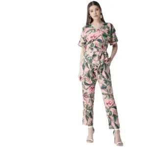 Women's Polyester Floral Half Sleeve Jumpsuit (Pink)